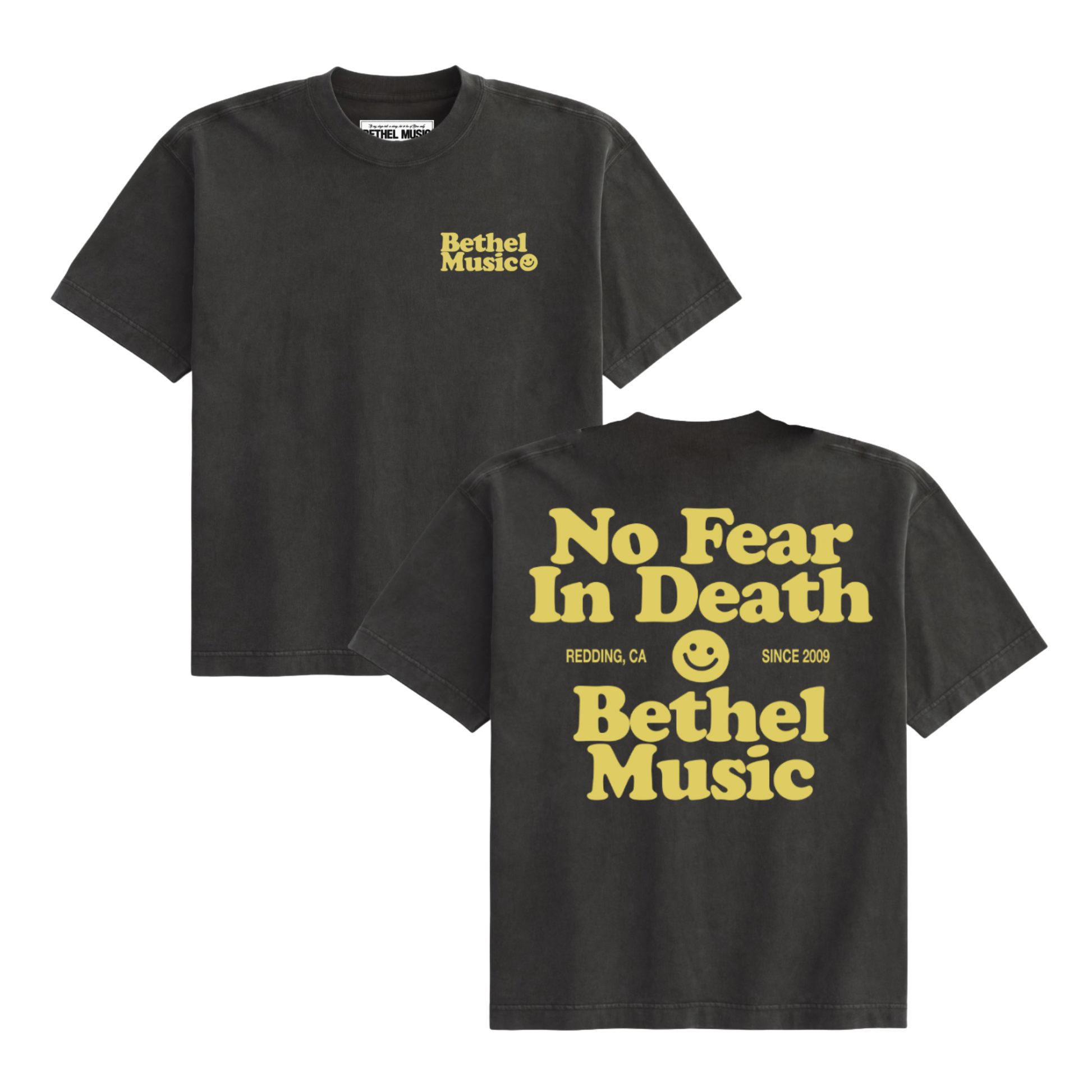 Black t-shirt with yellow text and Bethel logo on a white background