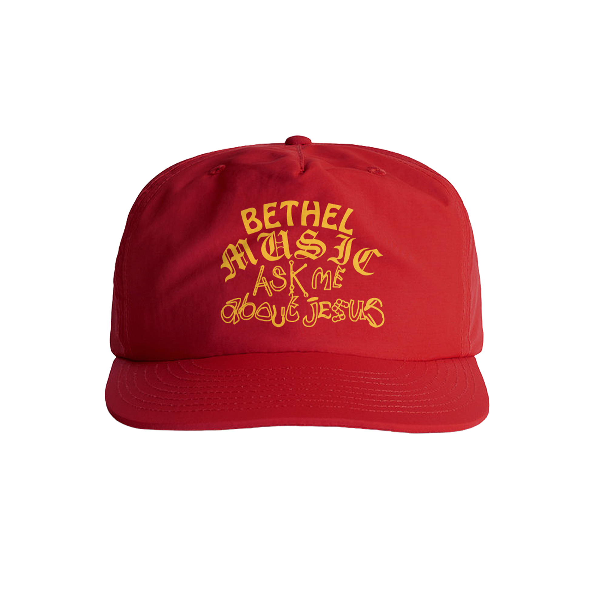 Red cap with yellow text